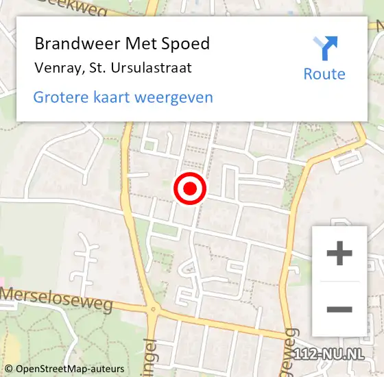 Locatie op kaart van de 112 melding: Brandweer Met Spoed Naar Venray, St. Ursulastraat op 19 april 2022 16:37