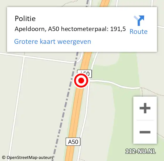 Locatie op kaart van de 112 melding: Politie Apeldoorn, A50 hectometerpaal: 191,5 op 19 april 2022 16:37