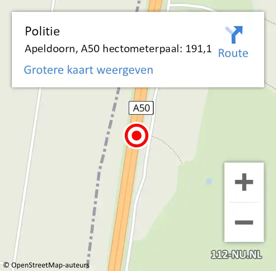 Locatie op kaart van de 112 melding: Politie Apeldoorn, A50 hectometerpaal: 191,1 op 19 april 2022 16:38