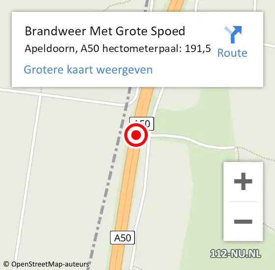 Locatie op kaart van de 112 melding: Brandweer Met Grote Spoed Naar Apeldoorn, A50 hectometerpaal: 191,5 op 19 april 2022 16:39