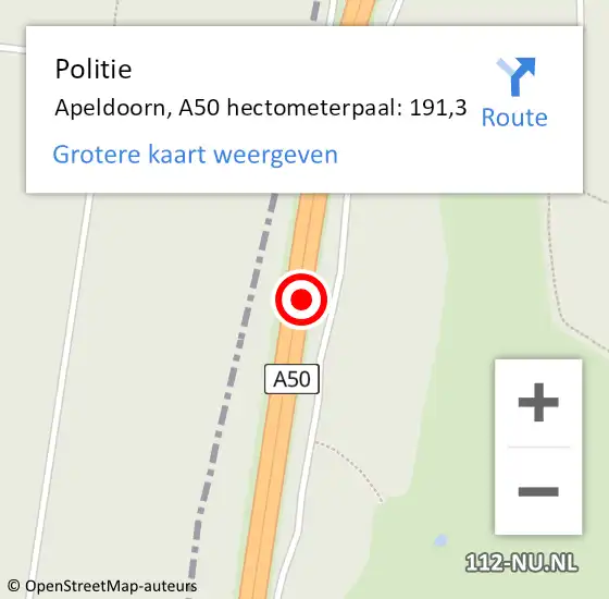 Locatie op kaart van de 112 melding: Politie Apeldoorn, A50 hectometerpaal: 191,3 op 19 april 2022 16:39