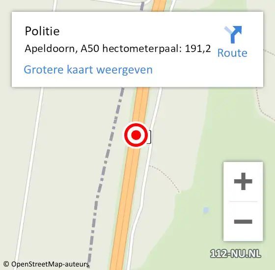 Locatie op kaart van de 112 melding: Politie Apeldoorn, A50 hectometerpaal: 191,2 op 19 april 2022 16:39