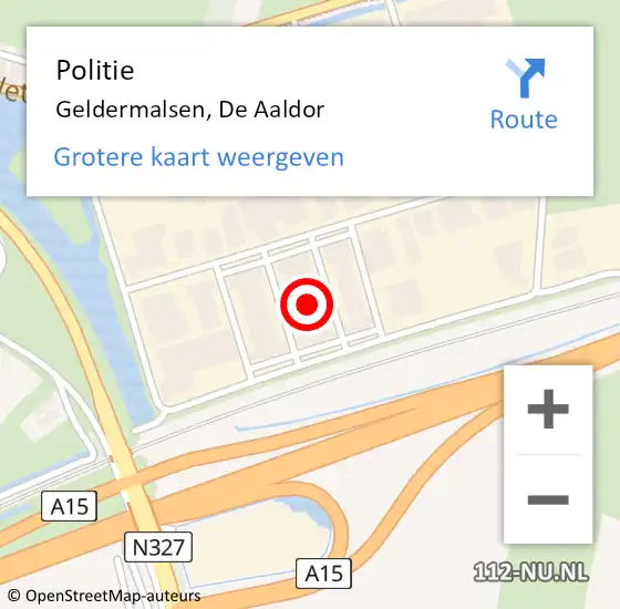 Locatie op kaart van de 112 melding: Politie Geldermalsen, De Aaldor op 19 april 2022 17:16