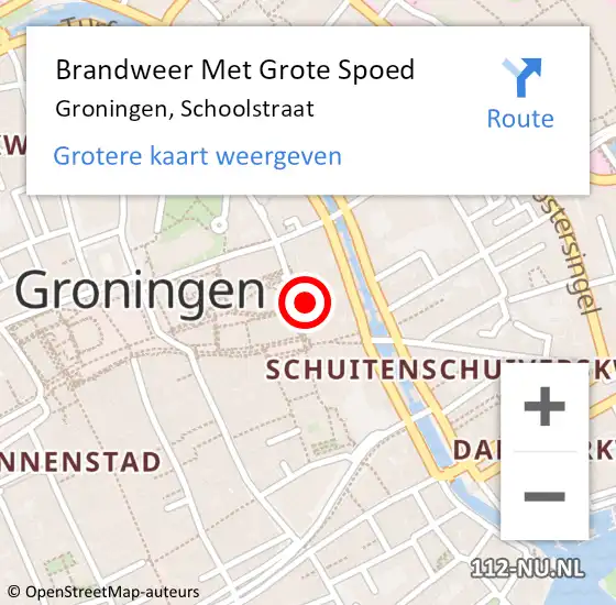 Locatie op kaart van de 112 melding: Brandweer Met Grote Spoed Naar Groningen, Schoolstraat op 19 april 2022 17:37