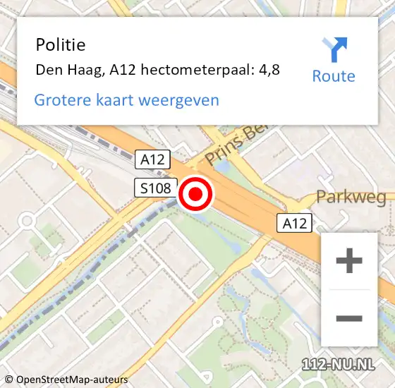 Locatie op kaart van de 112 melding: Politie Den Haag, A12 hectometerpaal: 4,8 op 19 april 2022 17:59