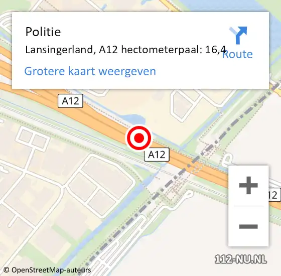 Locatie op kaart van de 112 melding: Politie Lansingerland, A12 hectometerpaal: 16,4 op 19 april 2022 18:31