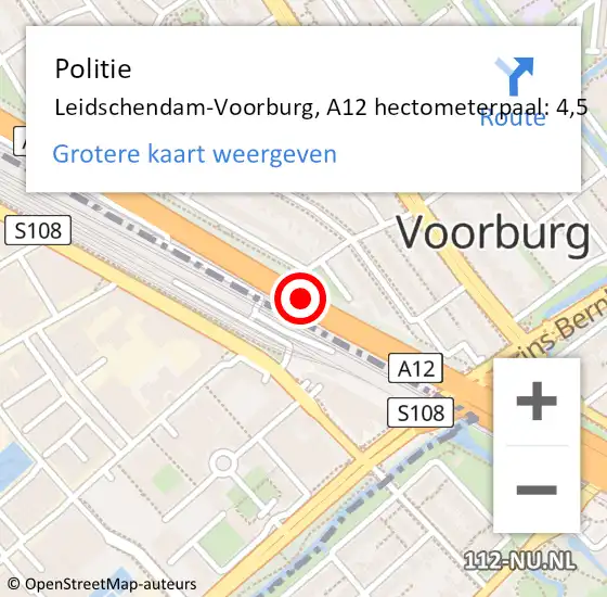 Locatie op kaart van de 112 melding: Politie Den Haag, A12 hectometerpaal: 4,5 op 19 april 2022 19:46