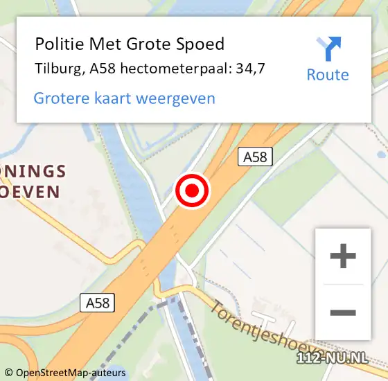 Locatie op kaart van de 112 melding: Politie Met Grote Spoed Naar Tilburg, A58 hectometerpaal: 34,7 op 19 april 2022 22:39