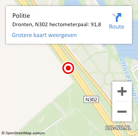 Locatie op kaart van de 112 melding: Politie Dronten, N302 hectometerpaal: 91,8 op 19 april 2022 23:46