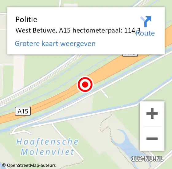 Locatie op kaart van de 112 melding: Politie West Betuwe, A15 hectometerpaal: 114,3 op 20 april 2022 06:47