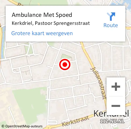 Locatie op kaart van de 112 melding: Ambulance Met Spoed Naar Kerkdriel, Pastoor Sprengersstraat op 20 april 2022 07:49