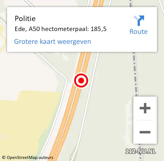 Locatie op kaart van de 112 melding: Politie Ede, A50 hectometerpaal: 185,5 op 20 april 2022 07:51