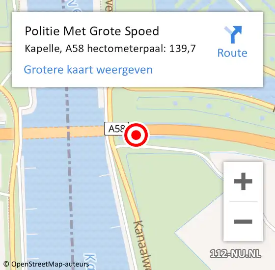 Locatie op kaart van de 112 melding: Politie Met Grote Spoed Naar Kapelle, A58 hectometerpaal: 139,7 op 20 april 2022 08:35