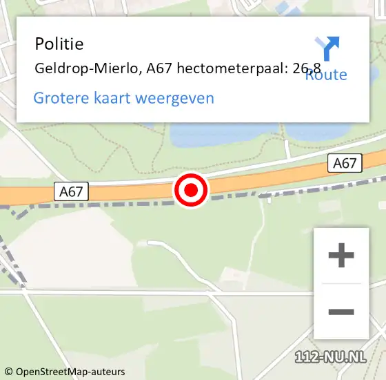 Locatie op kaart van de 112 melding: Politie Geldrop-Mierlo, A67 hectometerpaal: 26,8 op 20 april 2022 08:38