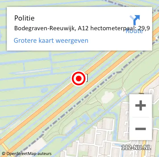 Locatie op kaart van de 112 melding: Politie Bodegraven-Reeuwijk, A12 hectometerpaal: 29,9 op 20 april 2022 09:09