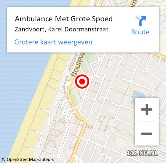 Locatie op kaart van de 112 melding: Ambulance Met Grote Spoed Naar Zandvoort, Karel Doormanstraat op 20 april 2022 09:13