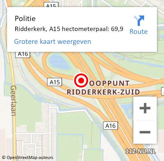 Locatie op kaart van de 112 melding: Politie Ridderkerk, A15 hectometerpaal: 69,9 op 20 april 2022 09:24