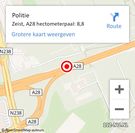 Locatie op kaart van de 112 melding: Politie Zeist, A28 hectometerpaal: 8,8 op 20 april 2022 09:36