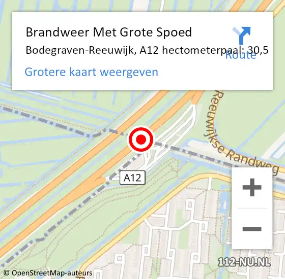 Locatie op kaart van de 112 melding: Brandweer Met Grote Spoed Naar Bodegraven-Reeuwijk, A12 hectometerpaal: 30,5 op 20 april 2022 09:38