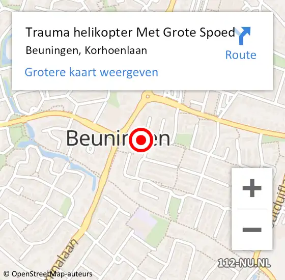 Locatie op kaart van de 112 melding: Trauma helikopter Met Grote Spoed Naar Beuningen, Korhoenlaan op 20 april 2022 09:55