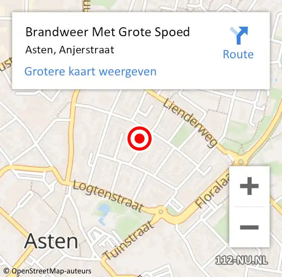 Locatie op kaart van de 112 melding: Brandweer Met Grote Spoed Naar Asten, Anjerstraat op 20 april 2022 10:02