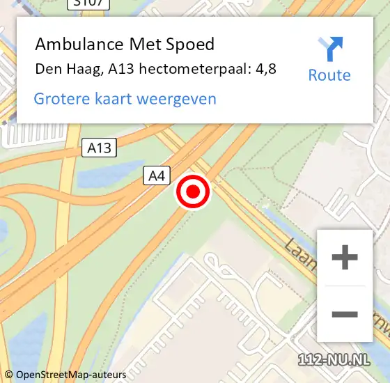 Locatie op kaart van de 112 melding: Ambulance Met Spoed Naar Den Haag, A13 hectometerpaal: 4,8 op 20 april 2022 10:06
