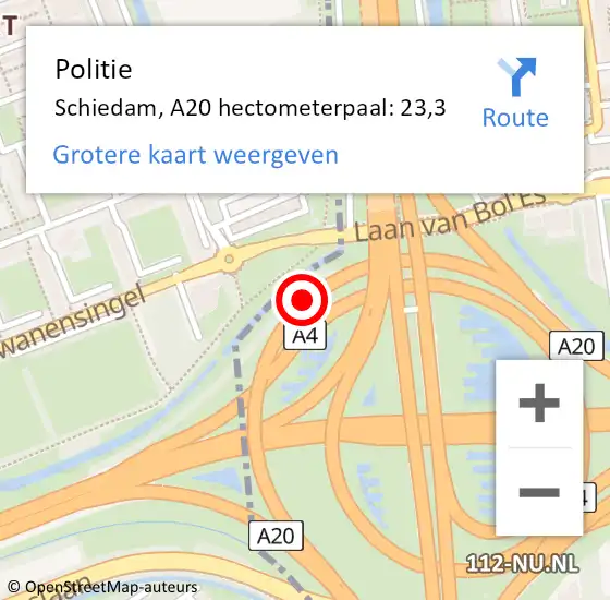 Locatie op kaart van de 112 melding: Politie Schiedam, A20 hectometerpaal: 23,3 op 20 april 2022 10:13