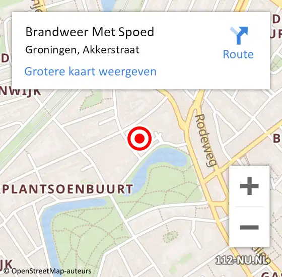 Locatie op kaart van de 112 melding: Brandweer Met Spoed Naar Groningen, Akkerstraat op 20 april 2022 10:22