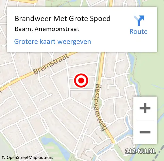 Locatie op kaart van de 112 melding: Brandweer Met Grote Spoed Naar Baarn, Anemoonstraat op 20 april 2022 11:01