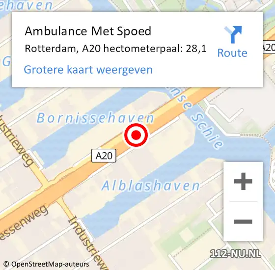 Locatie op kaart van de 112 melding: Ambulance Met Spoed Naar Rotterdam, A20 hectometerpaal: 28,1 op 20 april 2022 11:27