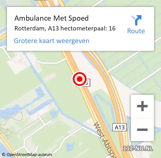 Locatie op kaart van de 112 melding: Ambulance Met Spoed Naar Rotterdam, A13 hectometerpaal: 16 op 20 april 2022 16:29