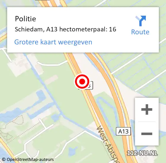Locatie op kaart van de 112 melding: Politie Rotterdam, A13 hectometerpaal: 16 op 20 april 2022 16:29
