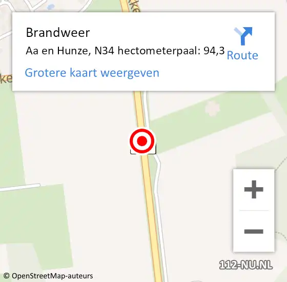 Locatie op kaart van de 112 melding: Brandweer Aa en Hunze, N34 hectometerpaal: 94,3 op 20 april 2022 16:34