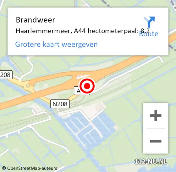 Locatie op kaart van de 112 melding: Brandweer Haarlemmermeer, A44 hectometerpaal: 8,2 op 20 april 2022 17:31