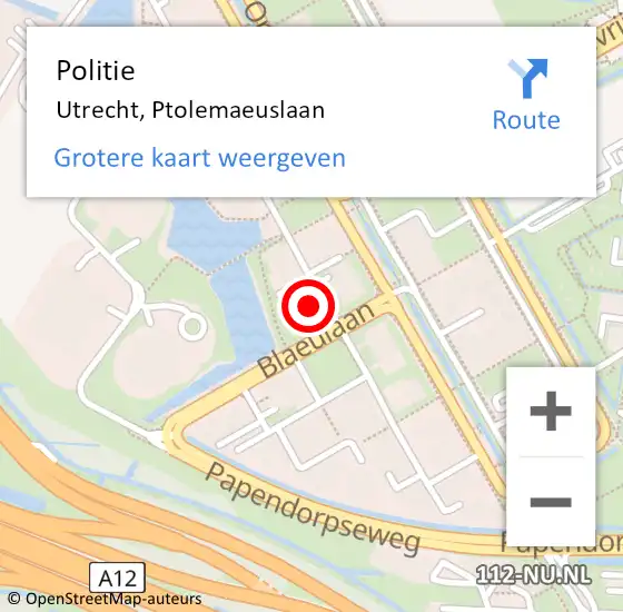 Locatie op kaart van de 112 melding: Politie Utrecht, Ptolemaeuslaan op 20 april 2022 17:59