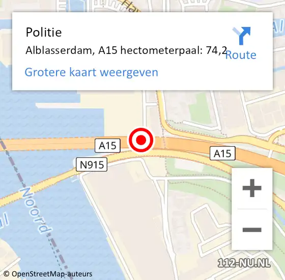 Locatie op kaart van de 112 melding: Politie Alblasserdam, A15 hectometerpaal: 74,2 op 20 april 2022 18:39