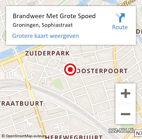 Locatie op kaart van de 112 melding: Brandweer Met Grote Spoed Naar Groningen, Sophiastraat op 20 april 2022 19:45