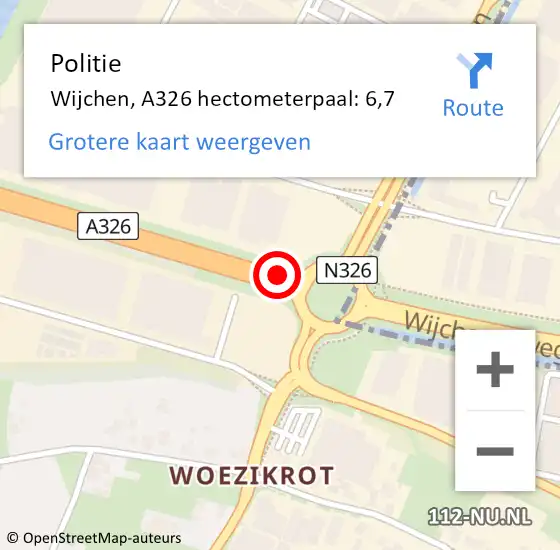 Locatie op kaart van de 112 melding: Politie Wijchen, A326 hectometerpaal: 6,7 op 20 april 2022 22:01