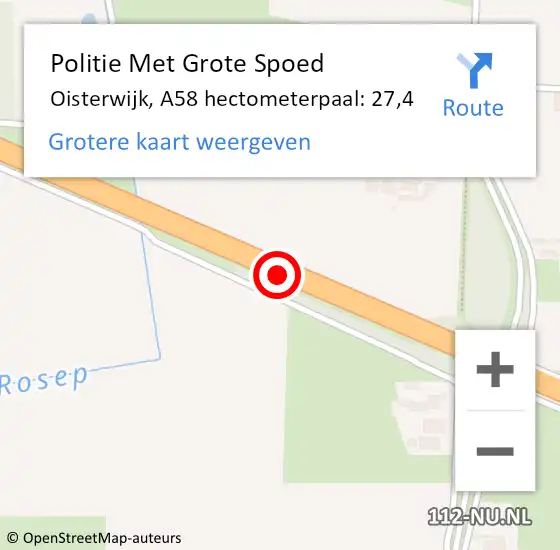 Locatie op kaart van de 112 melding: Politie Met Grote Spoed Naar Oisterwijk, A58 hectometerpaal: 27,4 op 20 april 2022 23:28