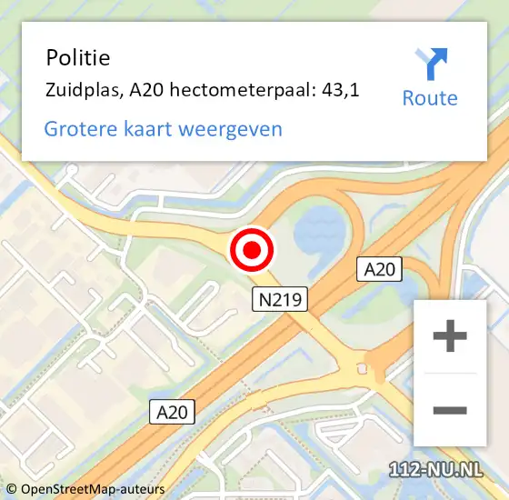 Locatie op kaart van de 112 melding: Politie Zuidplas, A20 hectometerpaal: 43,1 op 20 april 2022 23:35