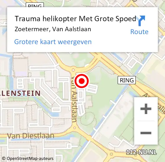 Locatie op kaart van de 112 melding: Trauma helikopter Met Grote Spoed Naar Zoetermeer, Van Aalstlaan op 21 april 2022 08:29