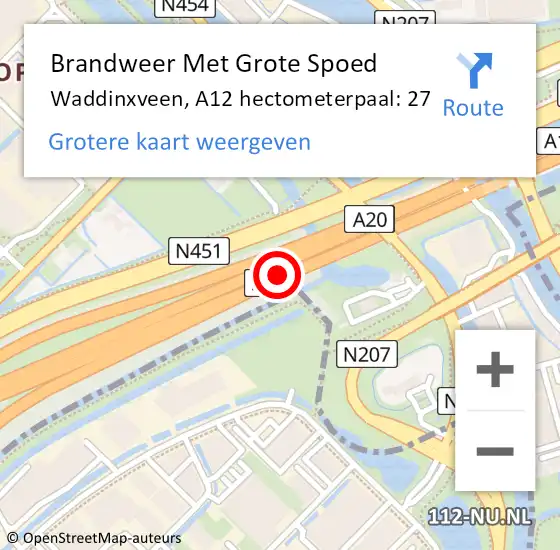 Locatie op kaart van de 112 melding: Brandweer Met Grote Spoed Naar Waddinxveen, A12 hectometerpaal: 27 op 21 april 2022 08:56