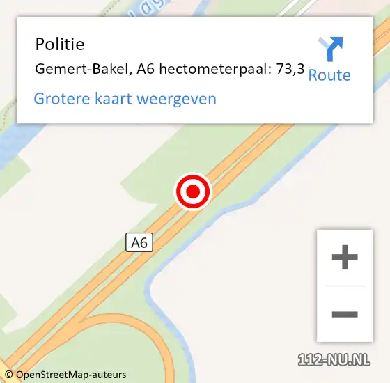 Locatie op kaart van de 112 melding: Politie Gemert-Bakel, A6 hectometerpaal: 73,3 op 21 april 2022 08:58