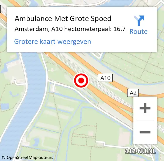 Locatie op kaart van de 112 melding: Ambulance Met Grote Spoed Naar Amsterdam, A10 hectometerpaal: 16,7 op 21 april 2022 09:22