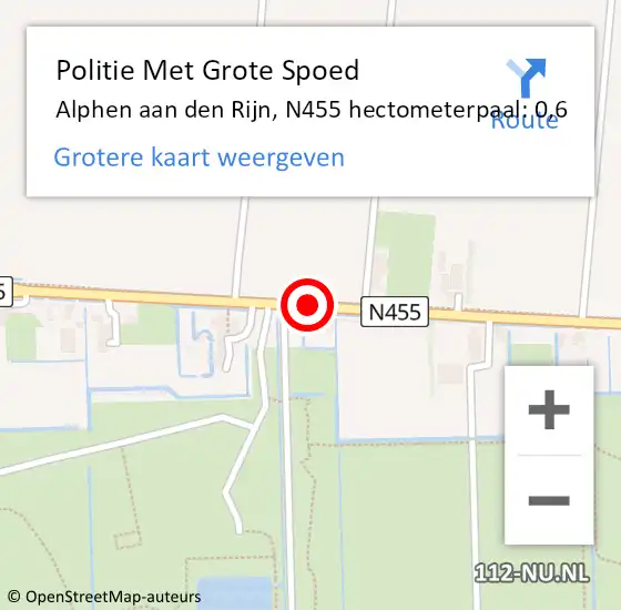 Locatie op kaart van de 112 melding: Politie Met Grote Spoed Naar Alphen aan den Rijn, N455 hectometerpaal: 0,6 op 21 april 2022 10:06