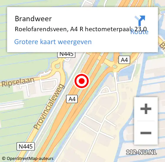 Locatie op kaart van de 112 melding: Brandweer Roelofarendsveen, A4 R hectometerpaal: 23,0 op 15 juli 2014 05:42