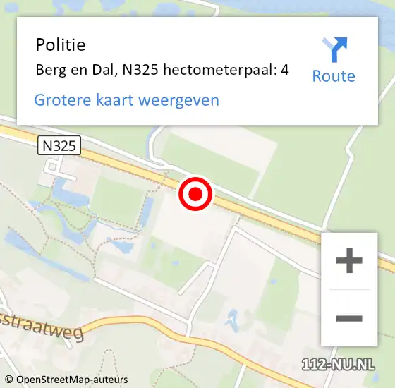 Locatie op kaart van de 112 melding: Politie Berg en Dal, N325 hectometerpaal: 4 op 21 april 2022 11:40