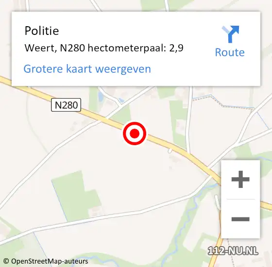 Locatie op kaart van de 112 melding: Politie Weert, N280 hectometerpaal: 2,9 op 21 april 2022 11:48
