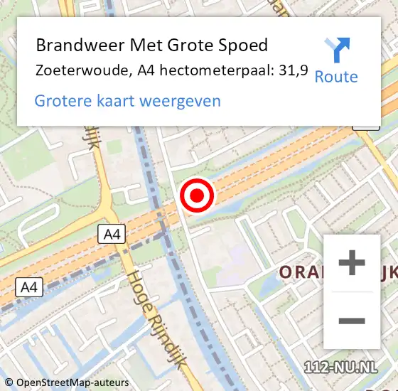 Locatie op kaart van de 112 melding: Brandweer Met Grote Spoed Naar Zoeterwoude, A4 hectometerpaal: 31,9 op 21 april 2022 11:49