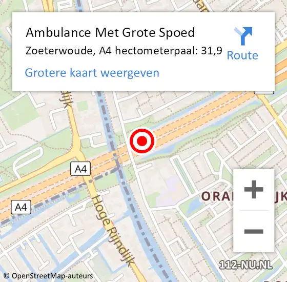 Locatie op kaart van de 112 melding: Ambulance Met Grote Spoed Naar Zoeterwoude, A4 hectometerpaal: 31,9 op 21 april 2022 11:50